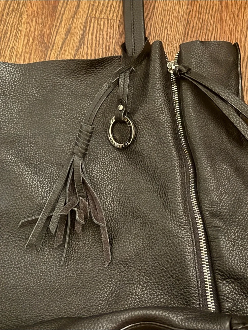 Sanctuary Classic Black Leather Tote Bag with Tassel Accent
